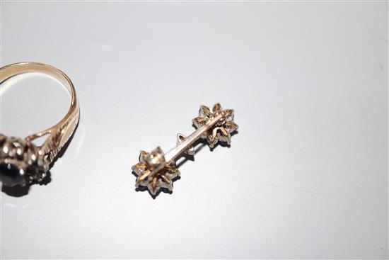 A modern 9ct? gold, sapphire and diamond cluster ring ring and a sapphire and diamond double cluster brooch (ex ear studs).